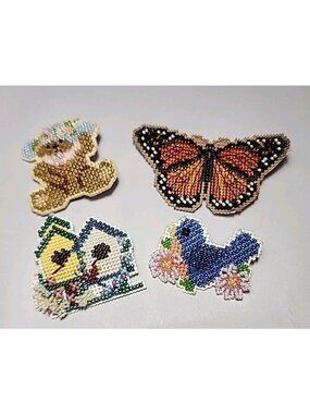 Mill Hill Counted Glass Bead Kit Completed Pins Lot Of 4 Spring Butterfly Bird